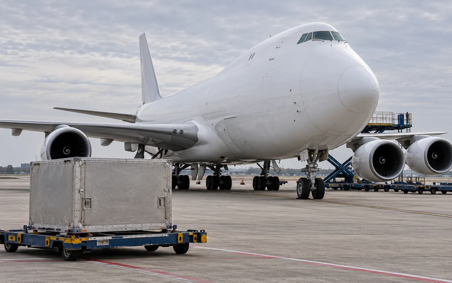Cargo aircraft and a freight container on an airport apron.