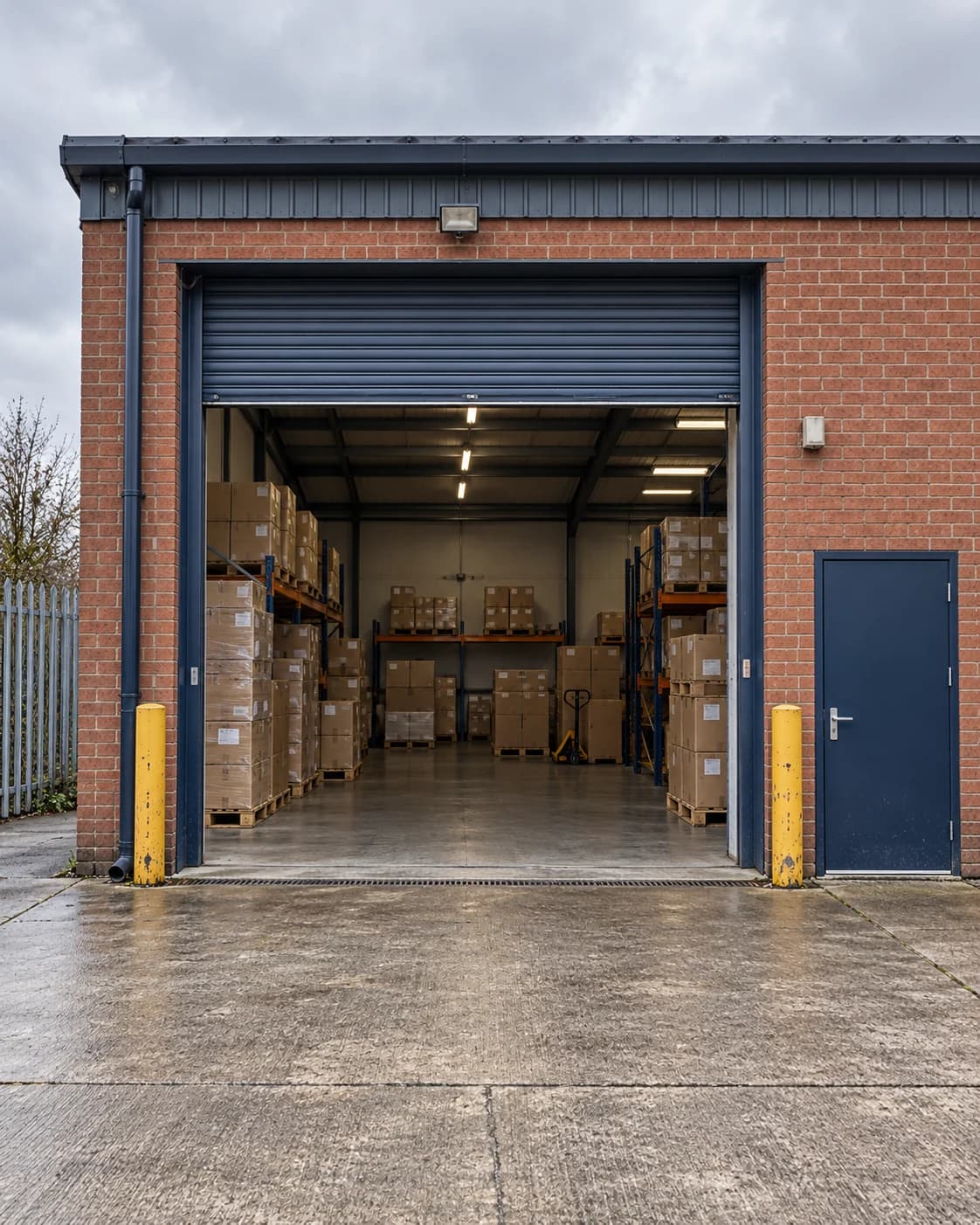 Open loading bay at a brick industrial unit.