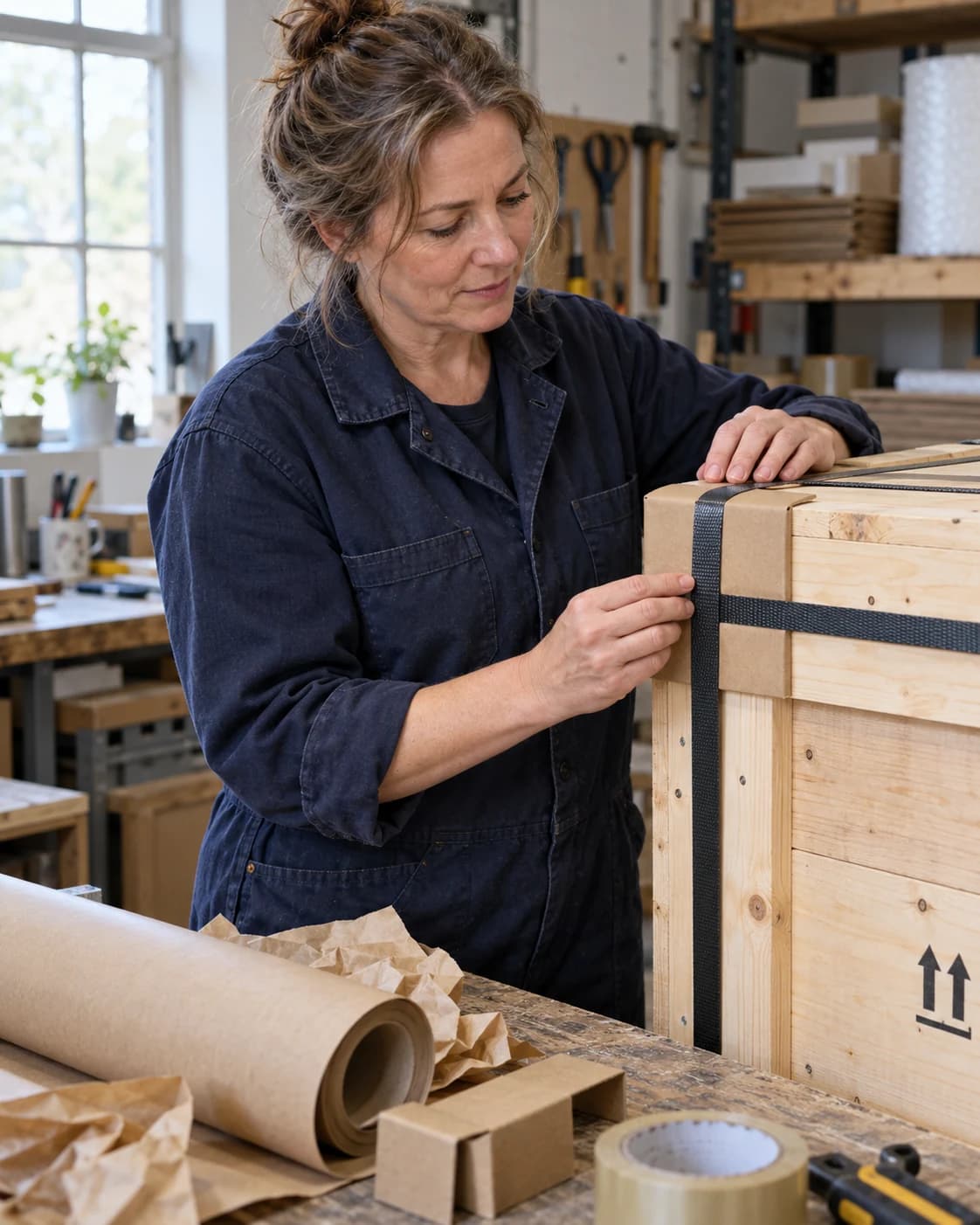 A warehouse worker checking protective packaging on a wooden crate.