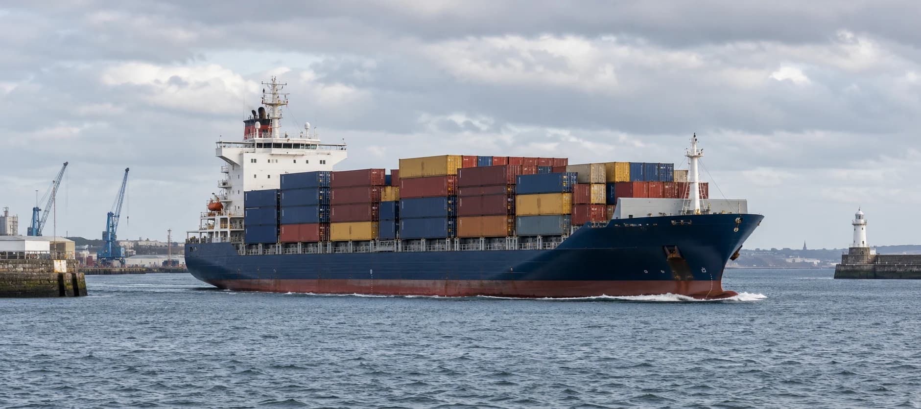 Container vessel departing a commercial harbour.