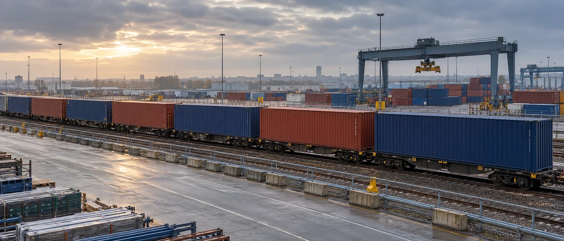 Container wagons and a road access lane at a freight terminal.
