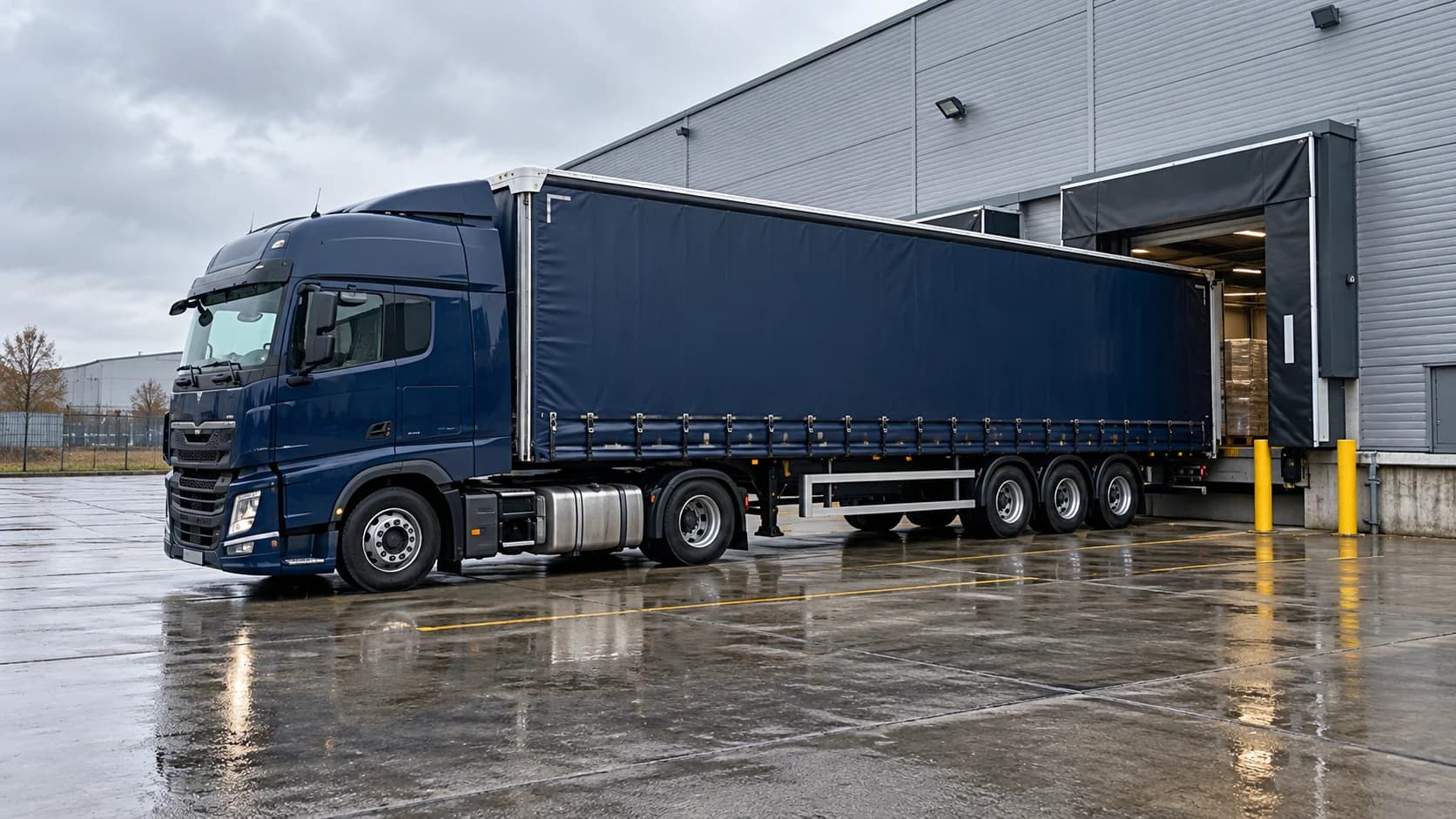 Curtain-sided lorry at a warehouse loading bay.