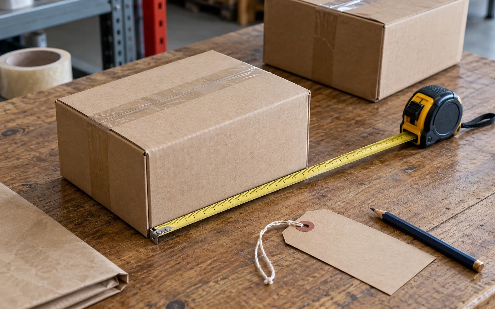 A carton, tape measure and blank tag on a packing bench.
