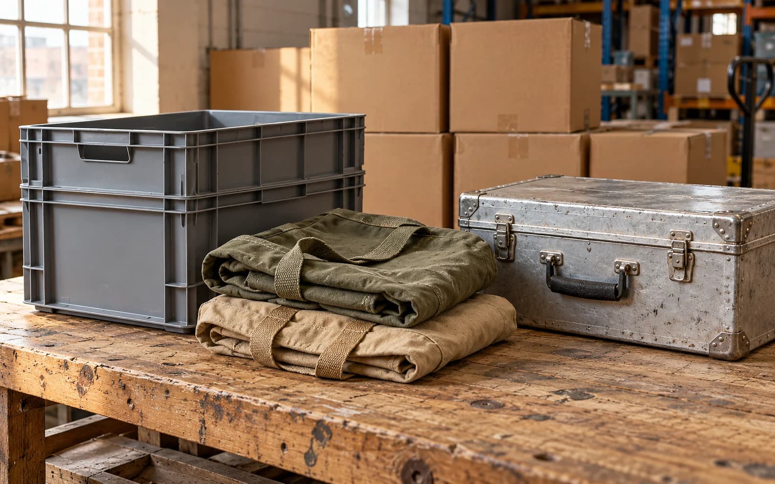 Reusable totes, folded canvas goods and a used metal transit case.