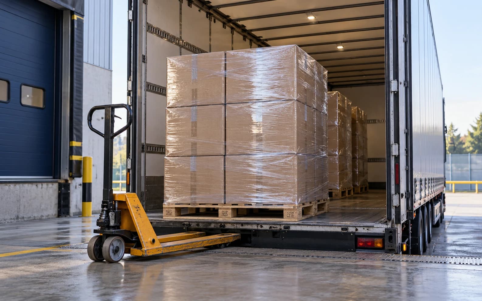 Wrapped cartons ready for unloading at a receiving bay.