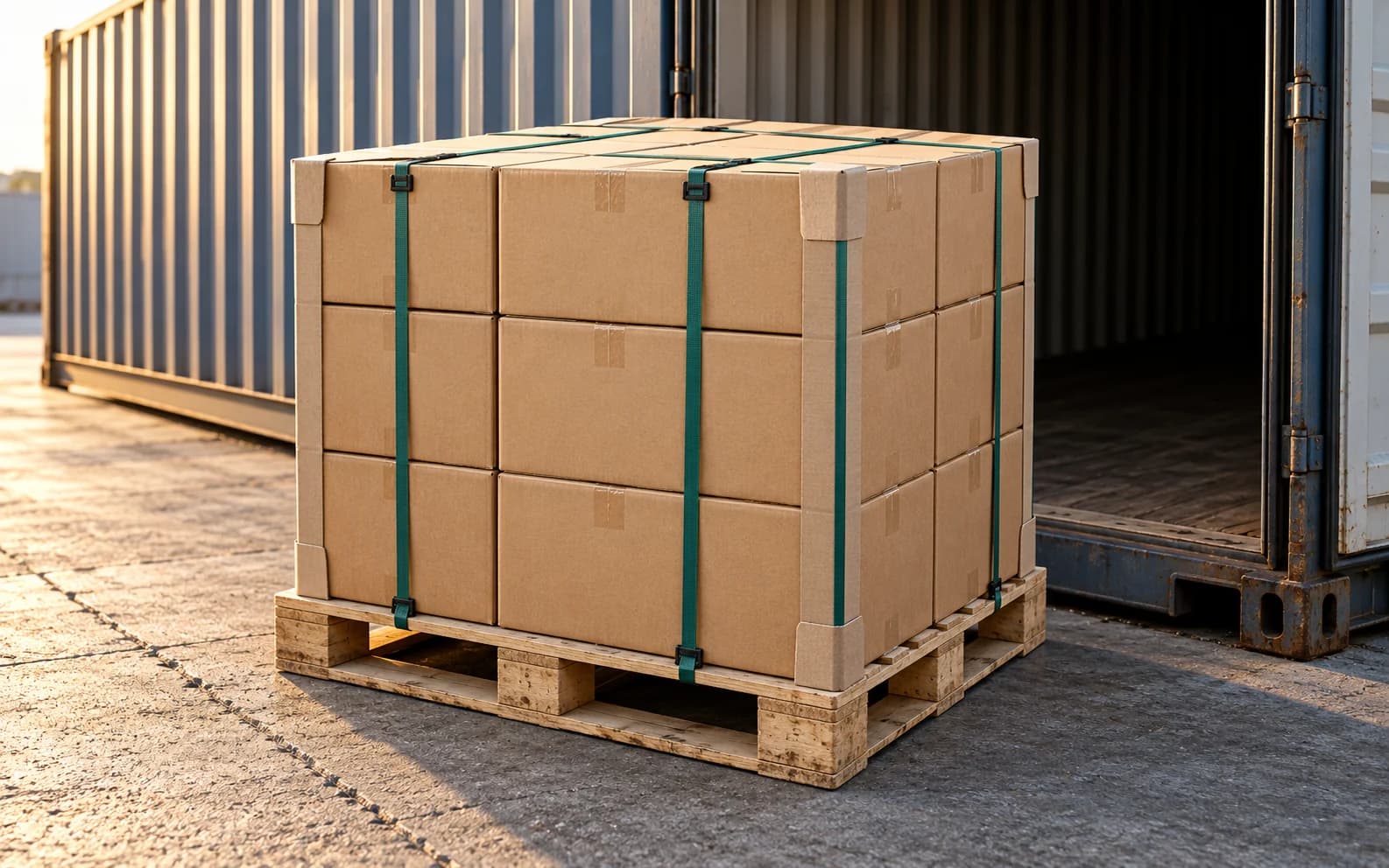 Strapped pallet of cartons beside an open shipping container.