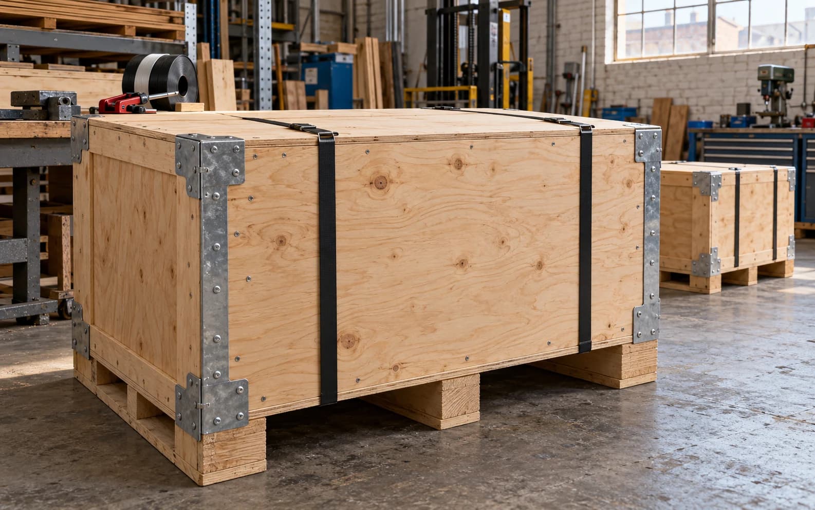 Strapped plywood shipping crate with protective metal corners.