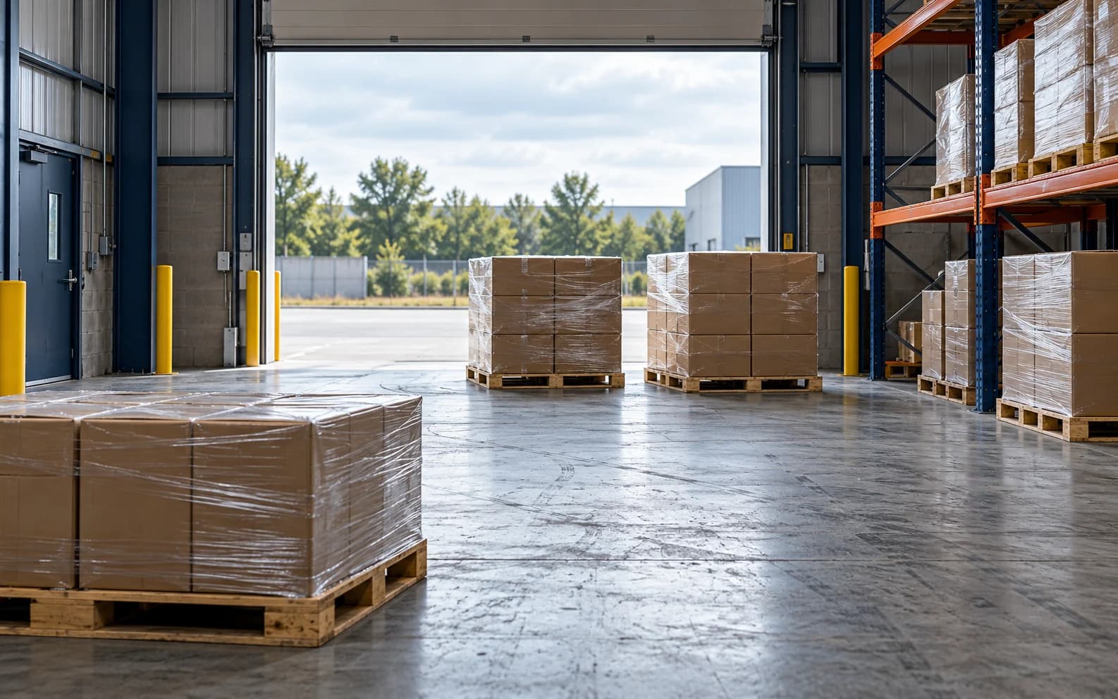 Palletised cartons inside a warehouse receiving area.