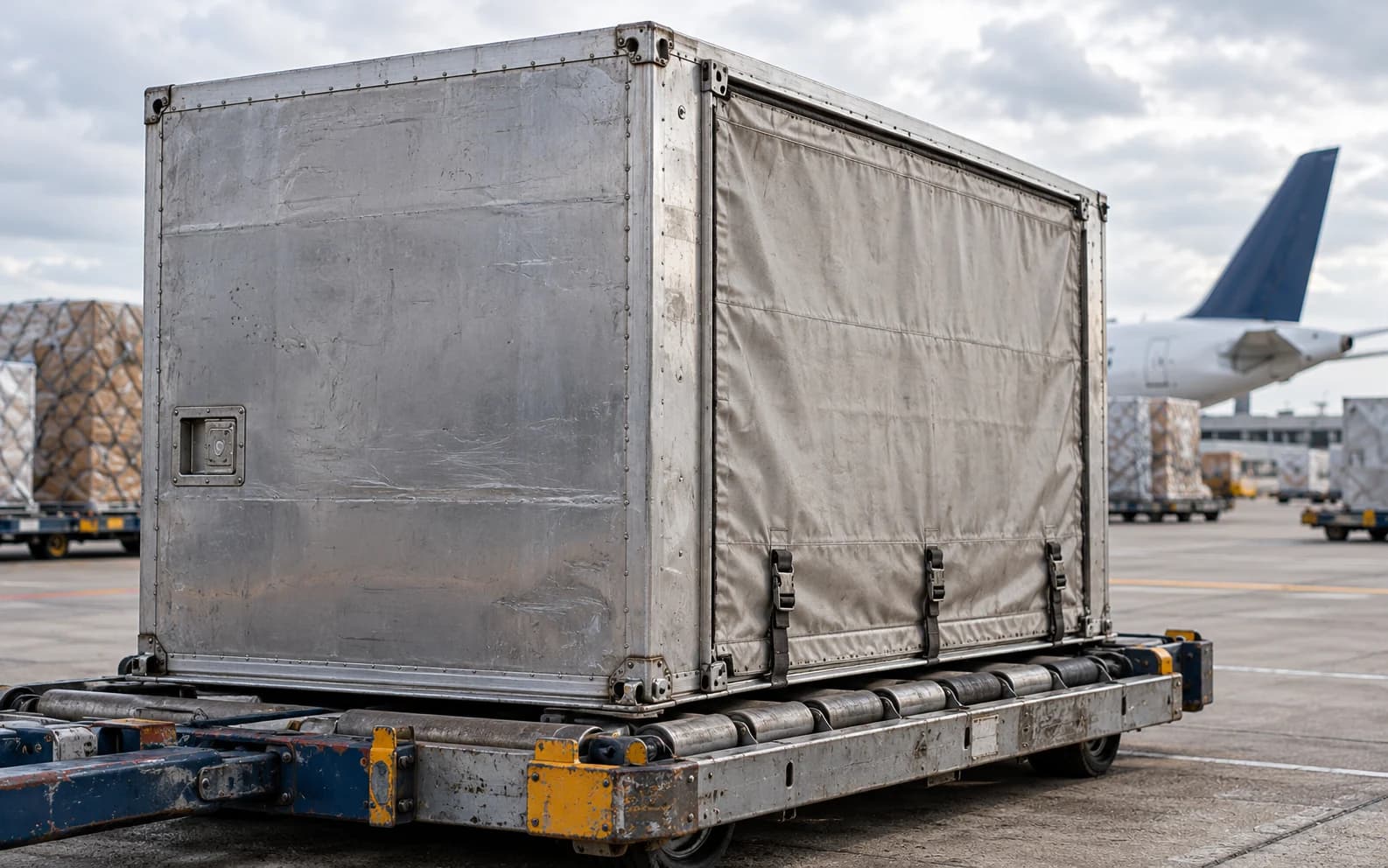 Air cargo container on a stationary freight dolly.