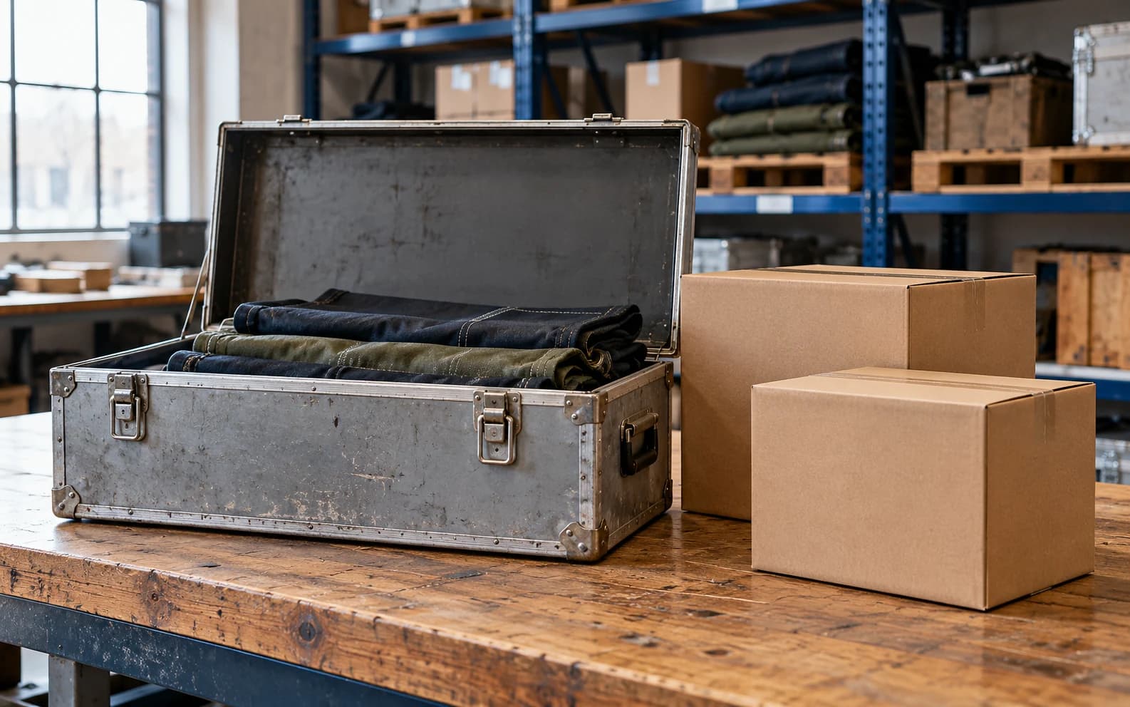 Open used transit case beside new boxed goods on an inspection bench.