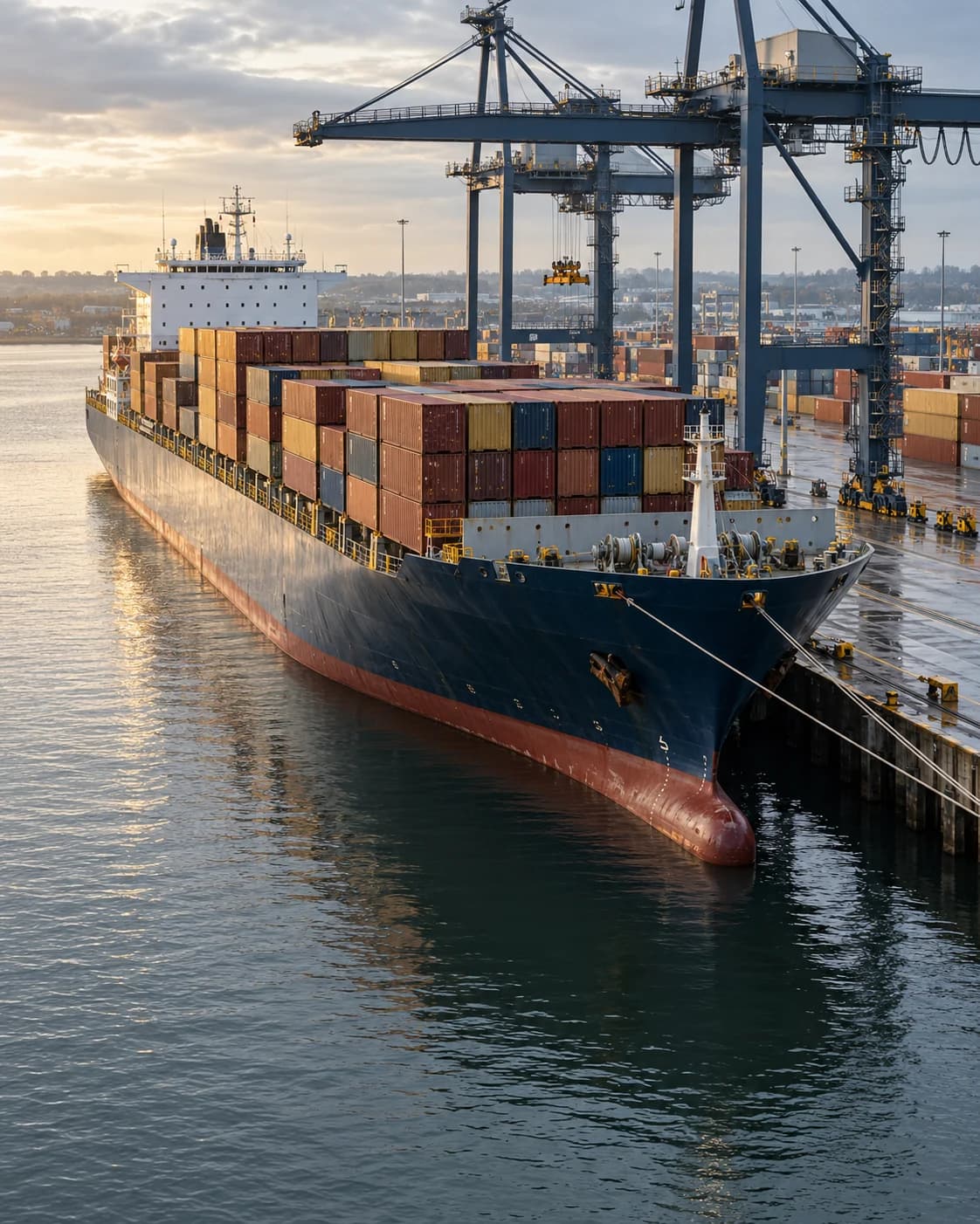 Container vessel alongside a working port quay.