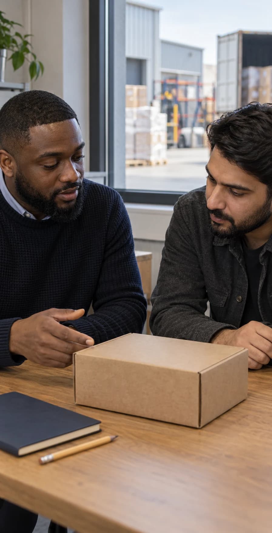 Two people discussing a boxed sample at a warehouse office table.