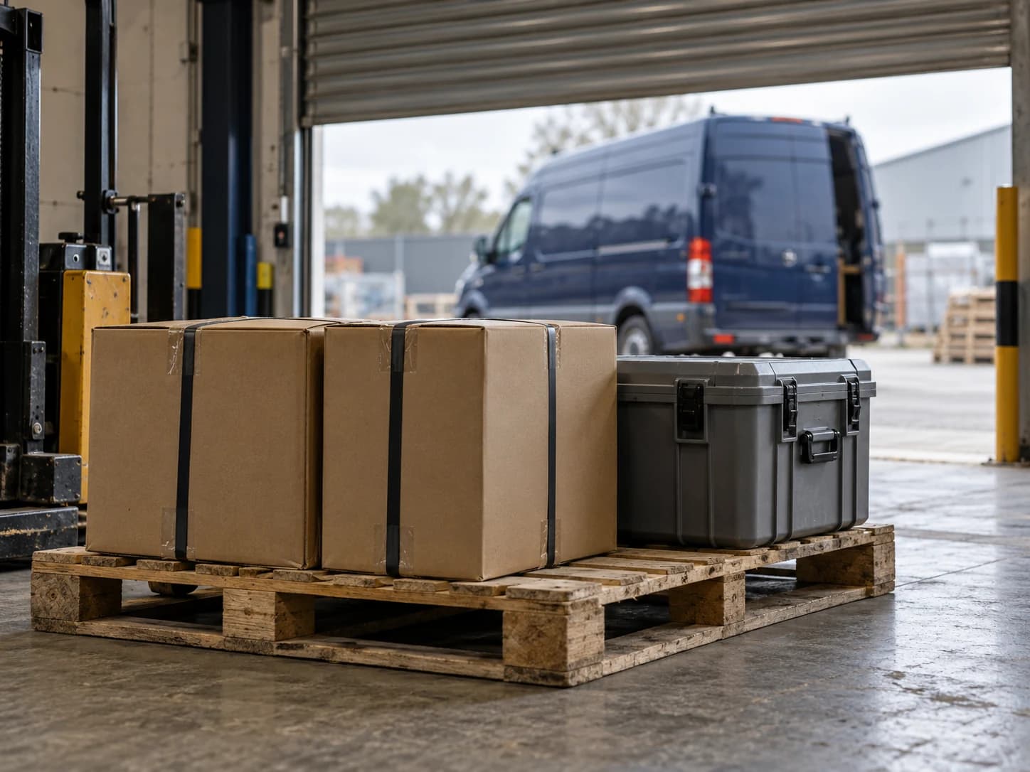 Packed cartons and a reusable transport case at a distribution bay.