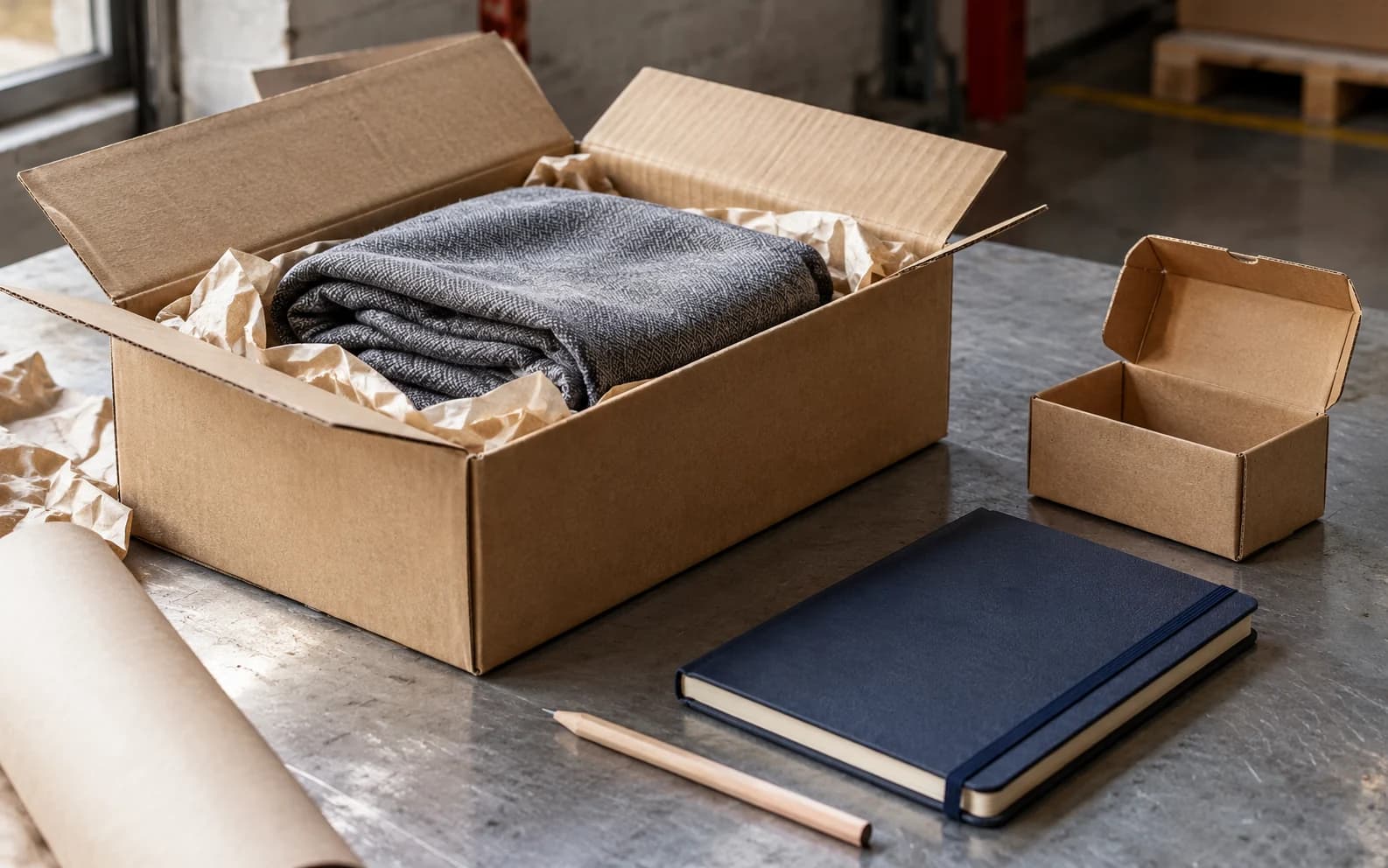 Boxed sample with protective textile and a closed notebook.