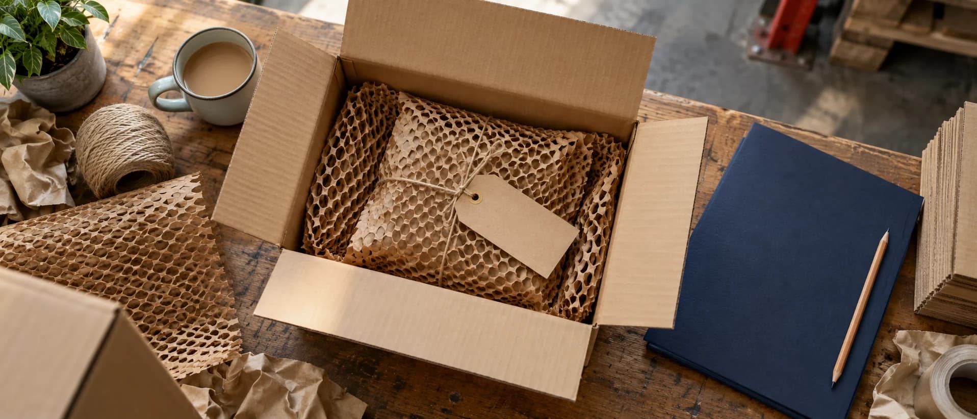 Open carton with paper padding, a blank tag and a closed folder.