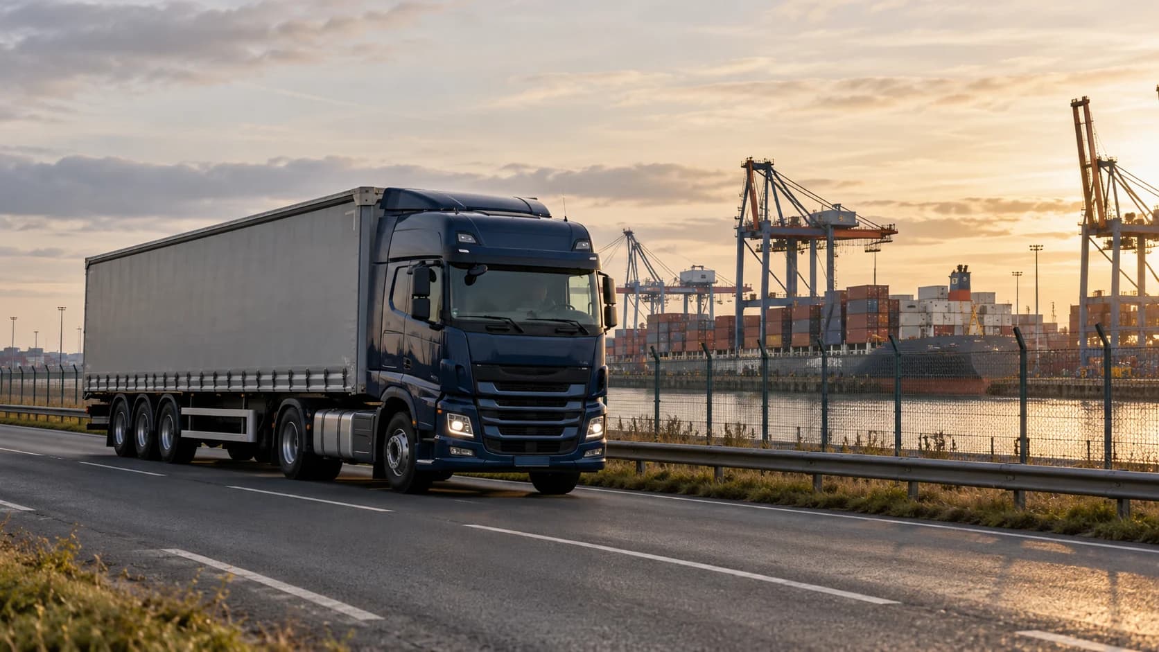 An articulated lorry on a port access road.